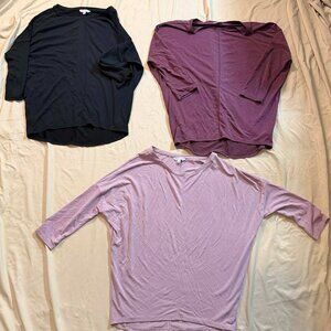 THREE Ophelia Roe Dolman Style 3/4 sleeve tops, SIZE SMALL, 1 black & 2 purple
